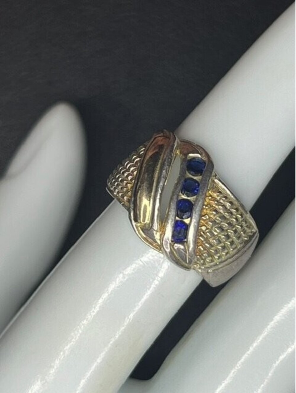 B7280 VTG Sterling Silver 18K Gold  Crossover Ring Blue CZ 5.3g sz 6 *wear